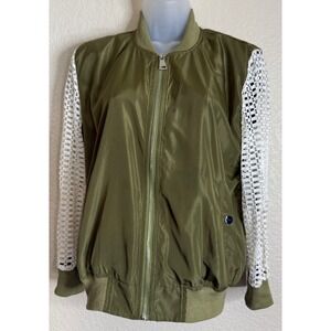 Womens Large Bomber Jacket Olive Green White‎ Lace Sleeve Full Zip Utility Boho